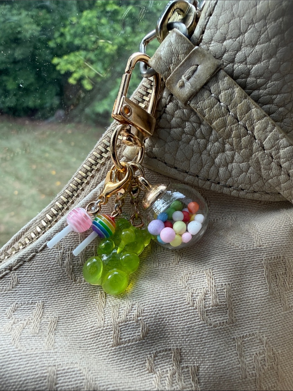 Cute Rainbow Candy Keychain Charm - Green Gummy Bear & Glass Bubble